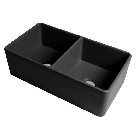 ALFI Brand ABF3318D-BM Black Matte Smooth Apron 33" x 18" Double Bowl Fireclay Farm Sink