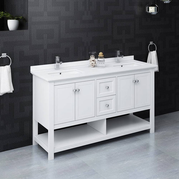 Fresca FCB2360WH-D-CWH-U Manchester 60" White Traditional Double Sink Bathroom Cabinet with Top & Sinks