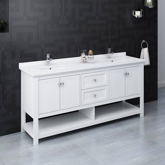 Fresca FCB2372WH-D-CWH-U Manchester 72" White Traditional Double Sink Bathroom Cabinet with Top & Sinks