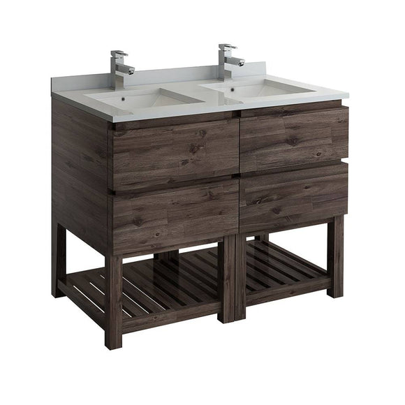 Fresca FCB31-2424ACA-FS-CWH-U Formosa 48" Floor Standing Open Bottom Double Sink Modern Bathroom Cabinet with Top & Sinks in Acacia