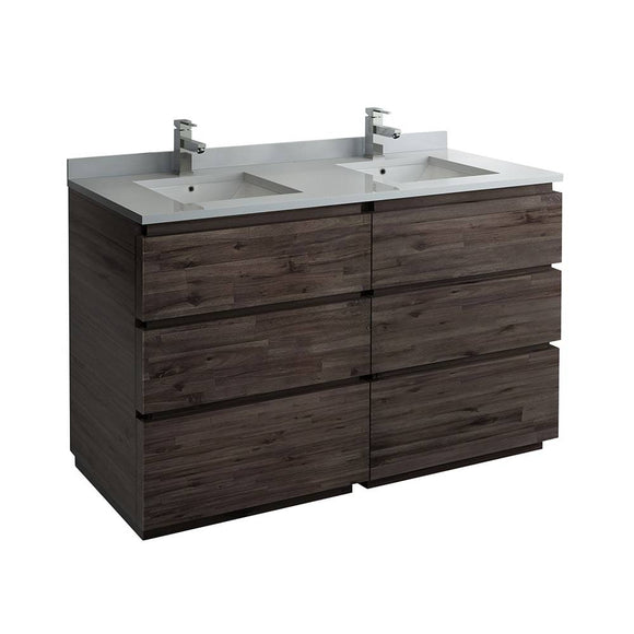 Fresca FCB31-3030ACA-FC-CWH-U Formosa 60" Floor Standing Double Sink Modern Bathroom Cabinet with Top & Sinks in Acacia