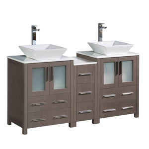 Fresca FCB62-241224GO-CWH-V Torino 60" Gray Oak Modern Double Sink Bathroom Cabinets with Tops & Vessel Sinks