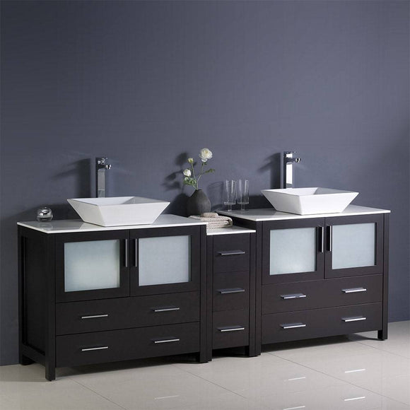 Fresca FCB62-361236ES-CWH-V Torino 84" Espresso Modern Double Sink Bathroom Cabinets with Tops & Vessel Sinks