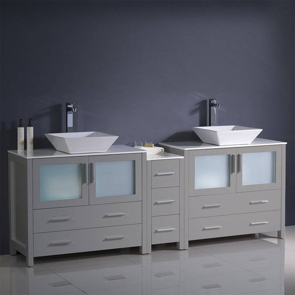 Fresca FCB62-361236GR-CWH-V Torino 84" Grey Modern Double Sink Bathroom Cabinets with Tops & Vessel Sinks