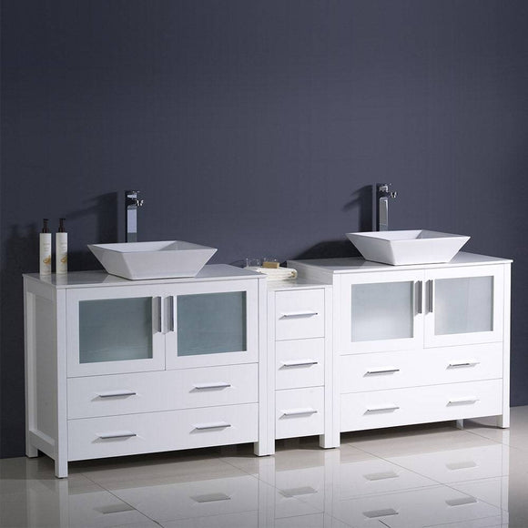 Fresca FCB62-361236WH-CWH-V Torino 84" White Modern Double Sink Bathroom Cabinets with Tops & Vessel Sinks