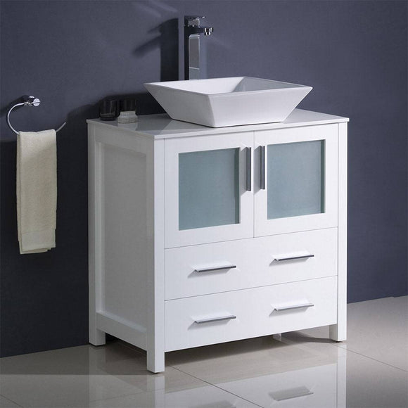 Fresca FCB6230WH-CWH-V Torino 30" White Modern Bathroom Cabinet with Top & Vessel Sink - Modern, with Top & Sink, White, Ground Shipping