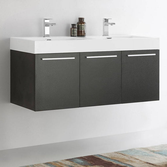 Fresca FCB8092BW-D-I Vista 48" Black Wall Hung Double Sink Modern Bathroom Cabinet with Integrated Sink