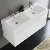 Fresca FCB8092WH-D-I Vista 48" White Wall Hung Double Sink Modern Bathroom Cabinet with Integrated Sink