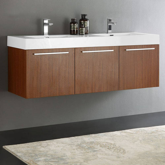 Fresca FCB8093TK-D-I Vista 60" Teak Wall Hung Double Sink Modern Bathroom Cabinet with Integrated Sink