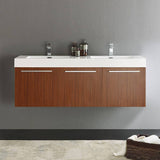 Fresca FCB8093TK-D-I Vista 60" Teak Wall Hung Double Sink Modern Bathroom Cabinet with Integrated Sink