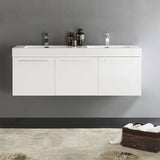 Fresca FCB8093WH-D-I Vista 60" White Wall Hung Double Sink Modern Bathroom Cabinet with Integrated Sink