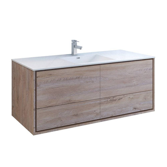 Fresca FCB9260RNW-S-I Catania 60" Rustic Natural Wood Wall Hung Modern Bathroom Cabinet with Integrated Single Sink