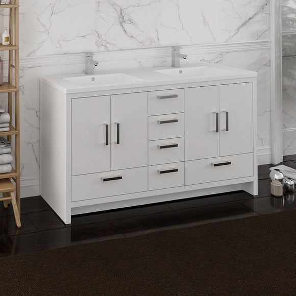 Fresca FCB9460WH-D-I Imperia 60" Glossy White Free Standing Modern Bathroom Cabinet with Integrated Double Sink