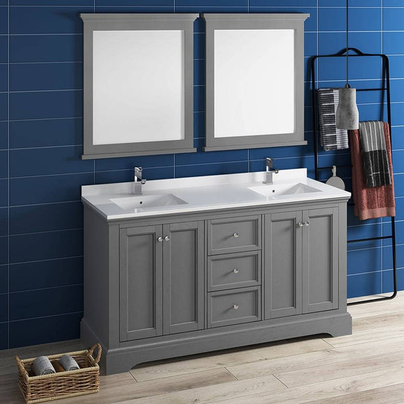 Fresca FVN2460GRV Windsor 60" Gray Textured Traditional Double Sink Bathroom Vanity with Mirrors