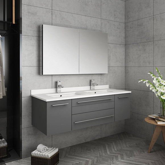 Fresca FVN6148GR-UNS-D Lucera 48" Gray Wall Hung Double Undermount Sink Modern Bathroom Vanity with Medicine Cabinet