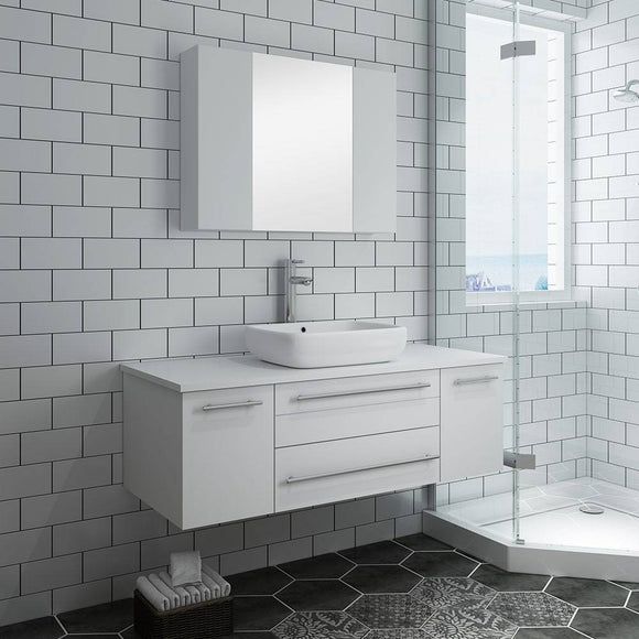 Fresca FVN6148WH-VSL Lucera 48" White Wall Hung Vessel Sink Modern Bathroom Vanity with Medicine Cabinet