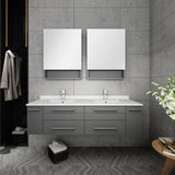 Fresca FVN6160GR-UNS-D Lucera 60" Gray Wall Hung Double Undermount Sink Modern Bathroom Vanity with Medicine Cabinets