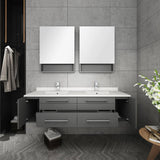 Fresca FVN6160GR-UNS-D Lucera 60" Gray Wall Hung Double Undermount Sink Modern Bathroom Vanity with Medicine Cabinets