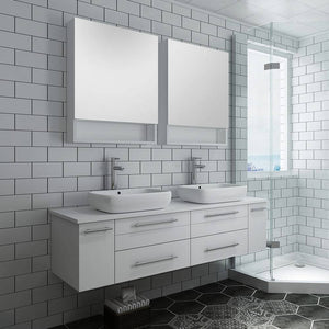 Fresca FVN6160WH-VSL-D Lucera 60" White Wall Hung Double Vessel Sink Modern Bathroom Vanity with Medicine Cabinets