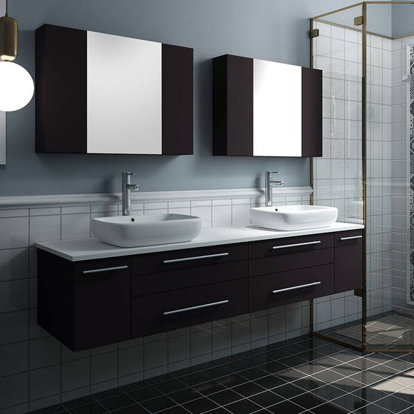 Fresca FVN6172ES-VSL-D Lucera 72" Espresso Wall Hung Double Vessel Sink Modern Bathroom Vanity with Medicine Cabinets