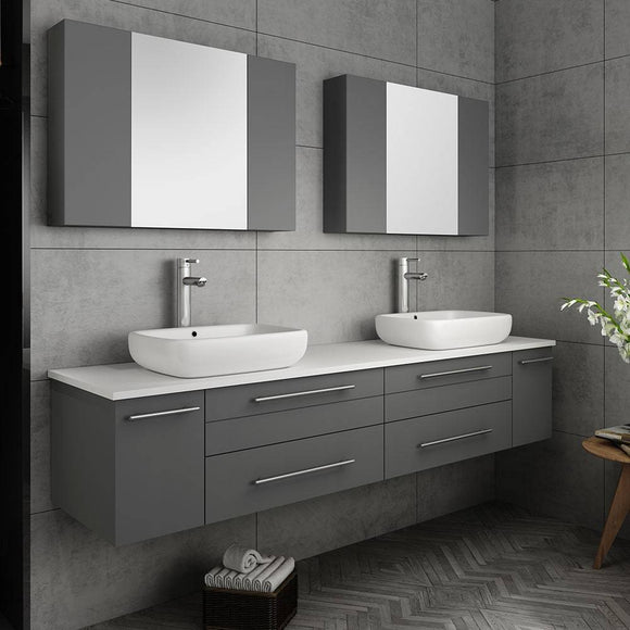 Fresca FVN6172GR-VSL-D Lucera 72" Gray Wall Hung Double Vessel Sink Modern Bathroom Vanity with Medicine Cabinets