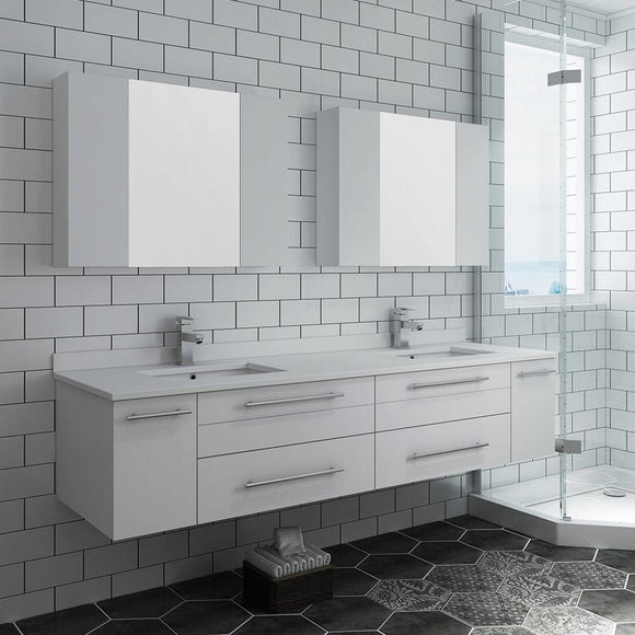 Fresca FVN6172WH-UNS-D Lucera 72" White Wall Hung Double Undermount Sink Modern Bathroom Vanity with Medicine Cabinets