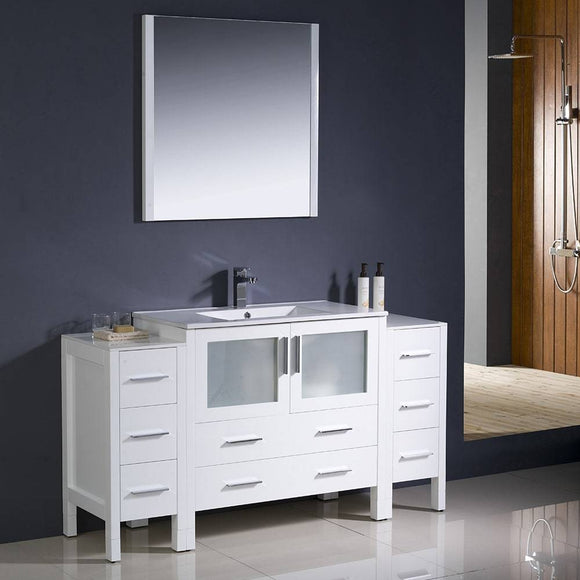 Fresca FVN62-123612WH-UNS Torino 60" White Modern Bathroom Vanity with 2 Side Cabinets & Integrated Sink