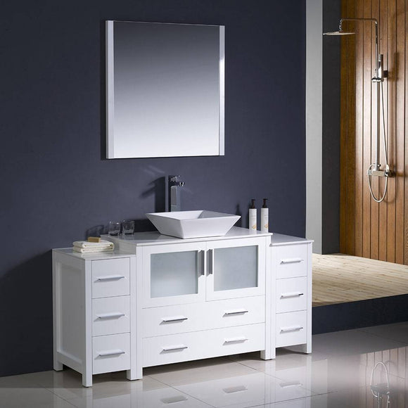 Fresca FVN62-123612WH-VSL Torino 60" White Modern Bathroom Vanity with 2 Side Cabinets & Vessel Sink