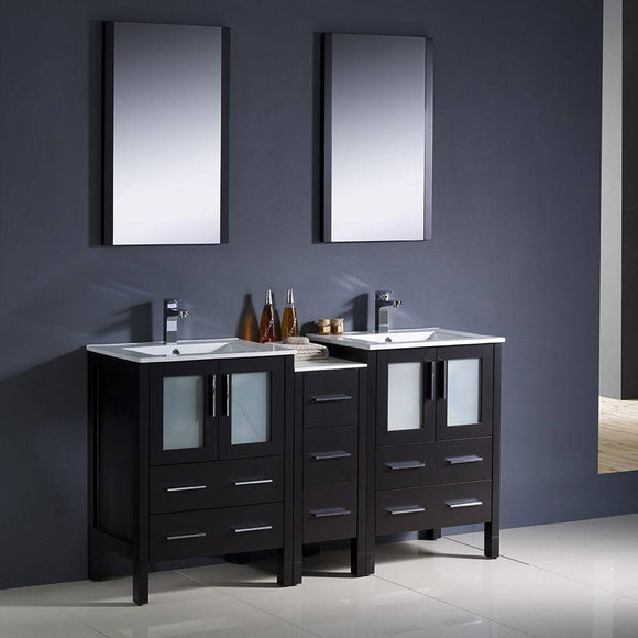 Fresca FVN62-241224ES-UNS Torino 60" Espresso Modern Double Sink Bathroom Vanity with Side Cabinet & Integrated Sinks