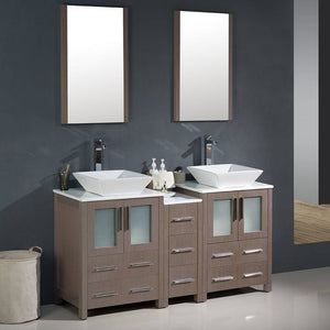 Fresca FVN62-241224GO-VSL Torino 60" Gray Oak Modern Double Sink Bathroom Vanity with Side Cabinet & Vessel Sinks