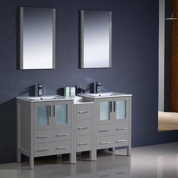 Fresca FVN62-241224GR-UNS Torino 60" Grey Modern Double Sink Bathroom Vanity with Side Cabinet & Integrated Sinks