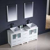 Fresca FVN62-241224WH-VSL Torino 60" White Modern Double Sink Bathroom Vanity with Side Cabinet & Vessel Sinks