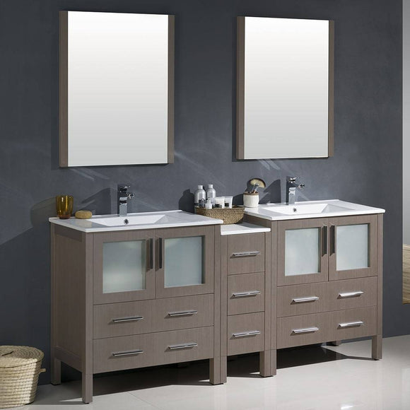 Fresca FVN62-301230GO-UNS Torino 72" Gray Oak Modern Double Sink Bathroom Vanity with Side Cabinet & Integrated Sinks