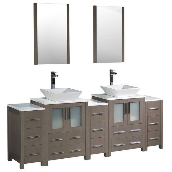 Fresca FVN62-72GO-VSL Torino 84" Gray Oak Modern Double Sink Bathroom Vanity with 3 Side Cabinets & Vessel Sinks