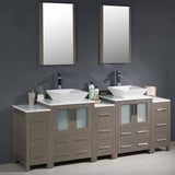 Fresca FVN62-72GO-VSL Torino 84" Gray Oak Modern Double Sink Bathroom Vanity with 3 Side Cabinets & Vessel Sinks