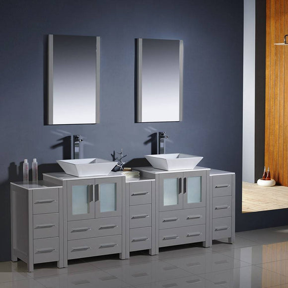 Fresca FVN62-72GR-VSL Torino 84" Grey Modern Double Sink Bathroom Vanity with 3 Side Cabinets & Vessel Sinks