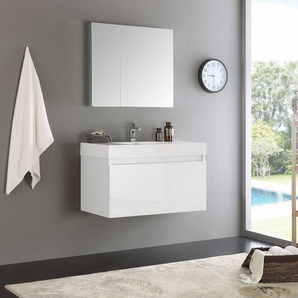 Fresca FVN8008WH Mezzo 36" White Wall Hung Modern Bathroom Vanity with Medicine Cabinet