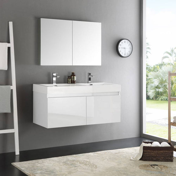 Fresca FVN8012WH Mezzo 48" White Wall Hung Double Sink Modern Bathroom Vanity with Medicine Cabinet