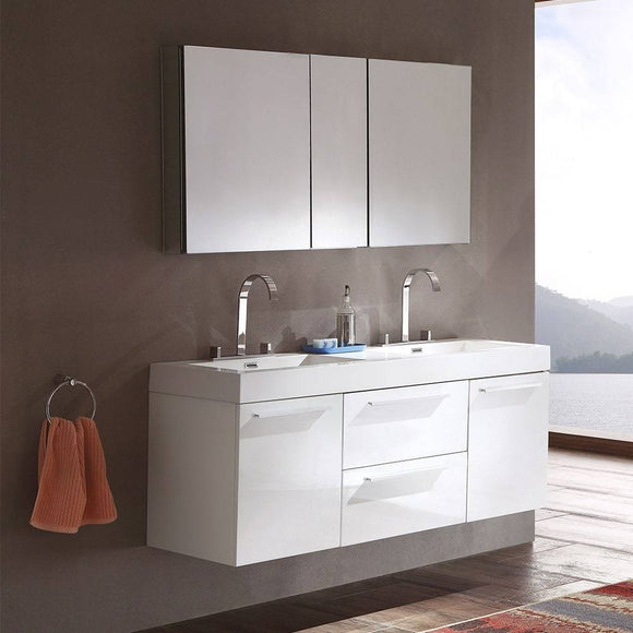 Fresca FVN8013WH Opulento 54" White Modern Double Sink Bathroom Vanity with Medicine Cabinet