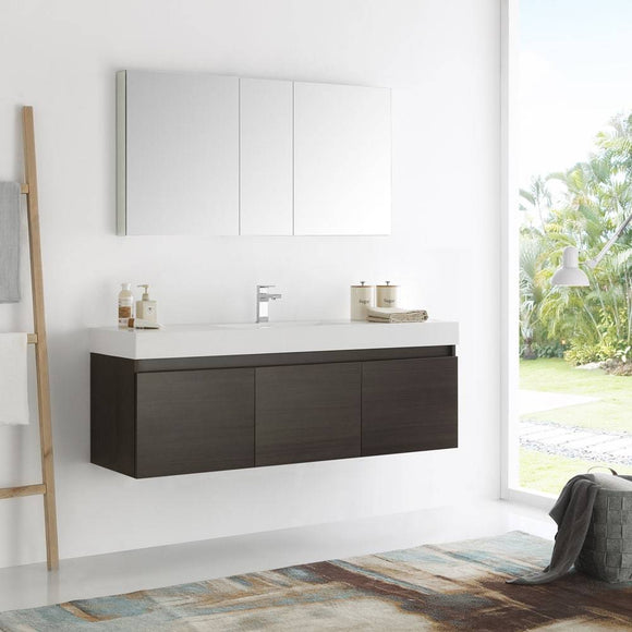 Fresca FVN8041GO Mezzo 60" Gray Oak Wall Hung Single Sink Modern Bathroom Vanity with Medicine Cabinet