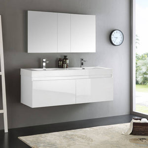 Fresca FVN8042WH Mezzo 60" White Wall Hung Double Sink Modern Bathroom Vanity with Medicine Cabinet