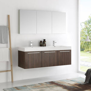 Fresca FVN8093GW-D Vista 60" Walnut Wall Hung Double Sink Modern Bathroom Vanity with Medicine Cabinet