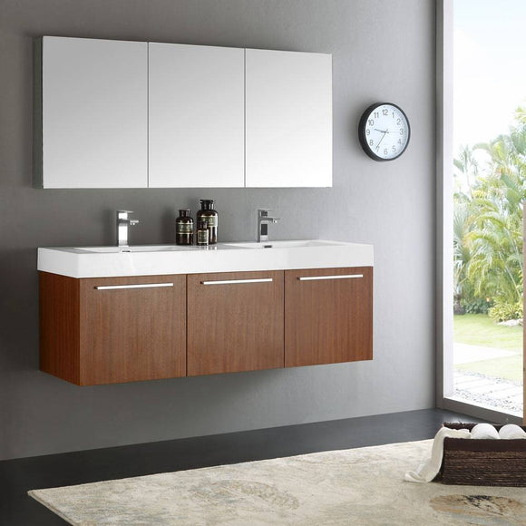 Fresca FVN8093TK-D Vista 60" Teak Wall Hung Double Sink Modern Bathroom Vanity with Medicine Cabinet