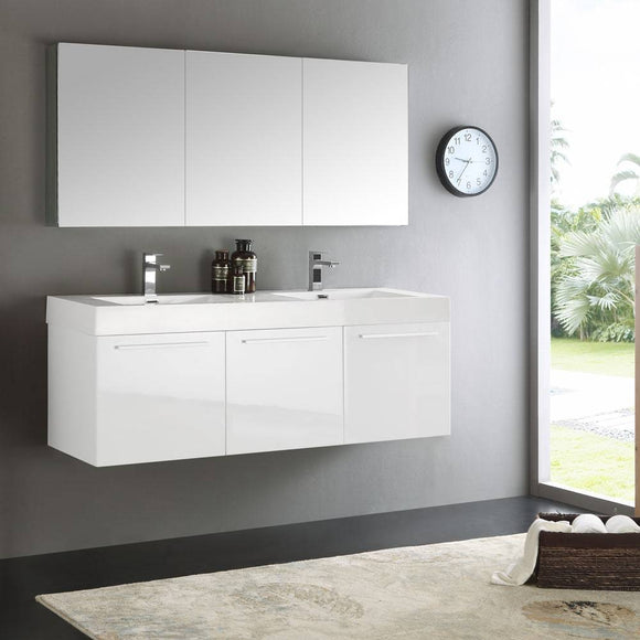 Fresca FVN8093WH-D Vista 60" White Wall Hung Double Sink Modern Bathroom Vanity with Medicine Cabinet