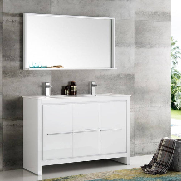 Fresca FVN8148WH-D Allier 48" White Modern Double Sink Bathroom Vanity with Mirror