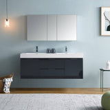 Fresca FVN8360GG-D Valencia 60" Dark Slate Gray Wall Hung Double Sink Modern Bathroom Vanity with Medicine Cabinet