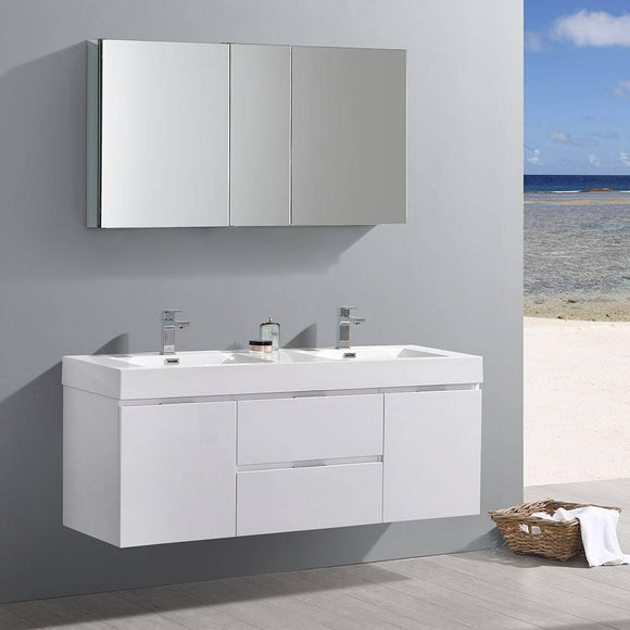 Fresca FVN8360WH-D Valencia 60" Glossy White Wall Hung Double Sink Modern Bathroom Vanity with Medicine Cabinet