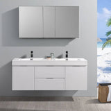 Fresca FVN8360WH-D Valencia 60" Glossy White Wall Hung Double Sink Modern Bathroom Vanity with Medicine Cabinet