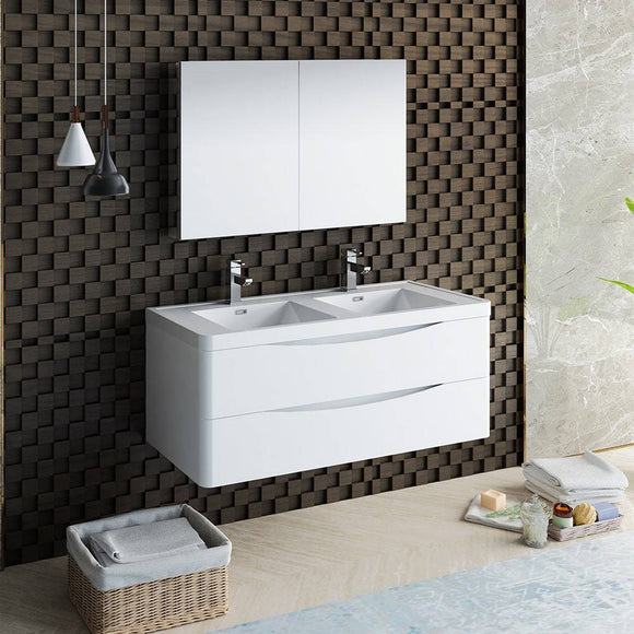 Fresca FVN9048WH-D Tuscany 48" Glossy White Wall Hung Double Sink Modern Bathroom Vanity with Medicine Cabinet