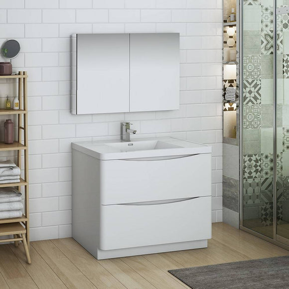 Fresca FVN9140WH Tuscany 40" Glossy White Free Standing Modern Bathroom Vanity with Medicine Cabinet